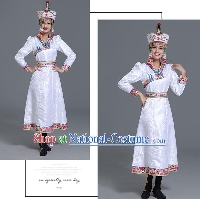 Traditional Chinese Ethnic Women White Brocade Mongolian Robe Dance Apparels Mongol Minority Dress Garment Nationality Costume