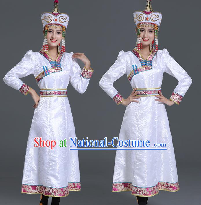 Traditional Chinese Ethnic Women White Brocade Mongolian Robe Dance Apparels Mongol Minority Dress Garment Nationality Costume