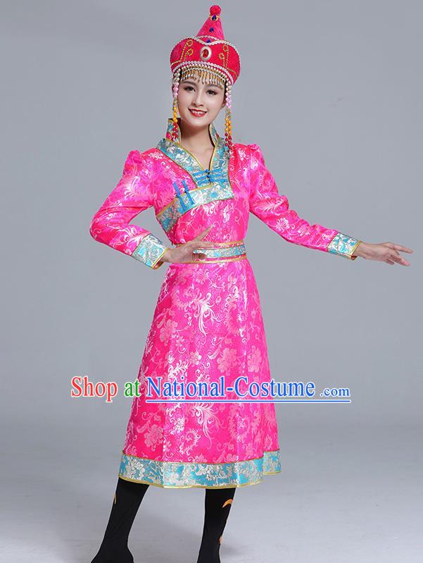 Traditional Chinese Ethnic Women Pink Brocade Mongolian Robe Dance Apparels Mongol Minority Dress Garment Nationality Costume