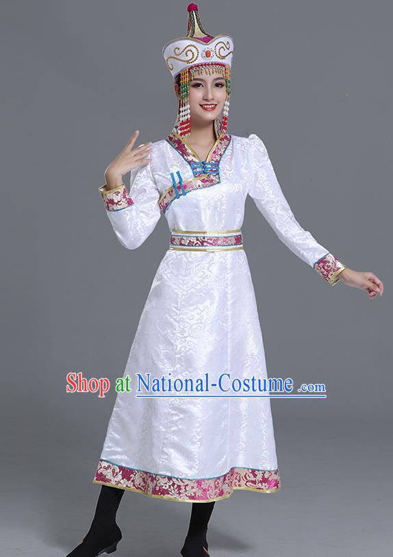 Traditional Chinese Ethnic Women White Brocade Mongolian Robe Dance Apparels Mongol Minority Dress Garment Nationality Costume