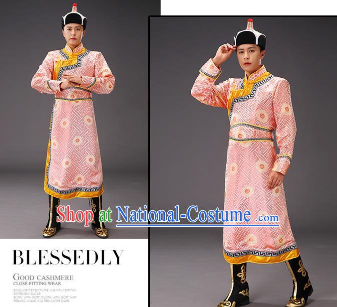 Chinese Traditional Pink Brocade Mongolian Robe Costume Mongol Minority Ethnic Men Garment