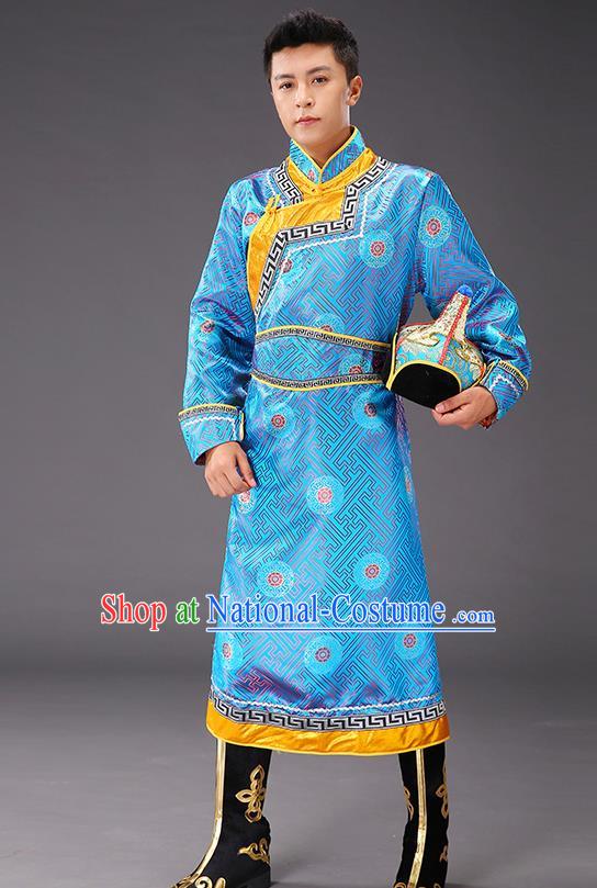 Chinese Traditional Blue Brocade Mongolian Robe Costume Mongol Minority Ethnic Men Garment