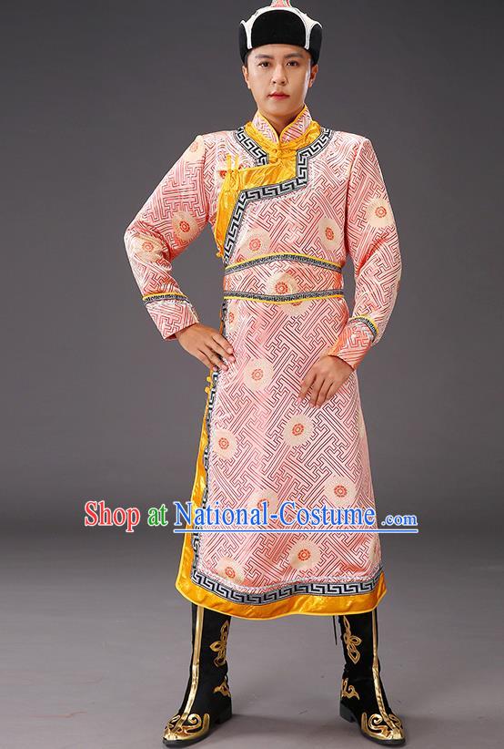 Chinese Traditional Pink Brocade Mongolian Robe Costume Mongol Minority Ethnic Men Garment