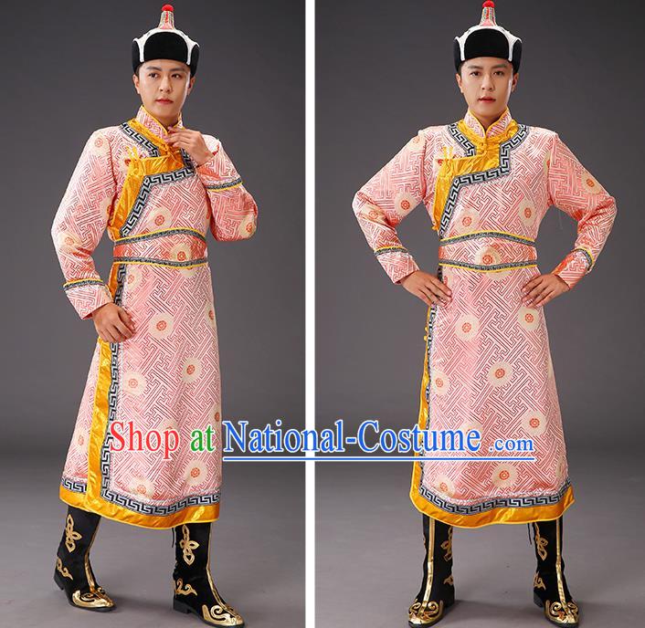 Chinese Traditional Pink Brocade Mongolian Robe Costume Mongol Minority Ethnic Men Garment