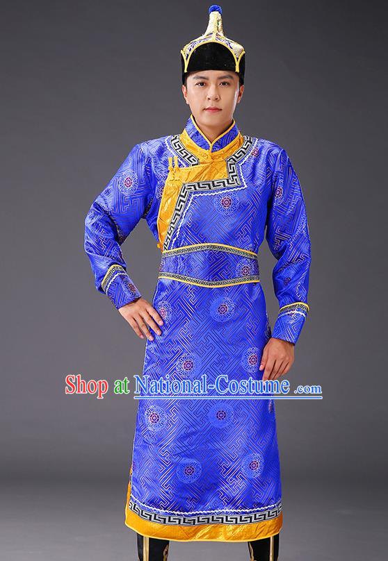 Chinese Traditional Royalblue Brocade Mongolian Robe Costume Mongol Minority Ethnic Men Garment