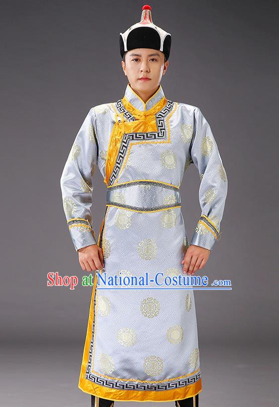 Chinese Traditional Grey Brocade Mongolian Robe Costume Mongol Minority Ethnic Men Garment