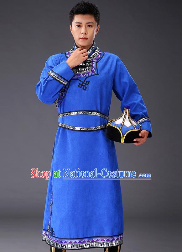 Chinese Traditional Royalblue Suede Fabric Mongolian Robe Costume Mongol Minority Ethnic Men Stage Performance Garment