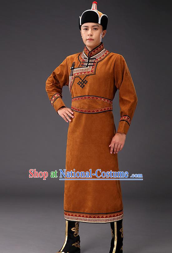 Chinese Traditional Brown Suede Fabric Mongolian Robe Costume Mongol Minority Ethnic Men Stage Performance Garment