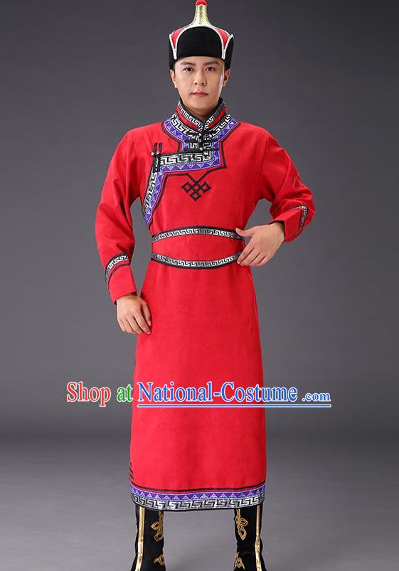 Chinese Traditional Red Suede Fabric Mongolian Robe Costume Mongol Minority Ethnic Men Stage Performance Garment