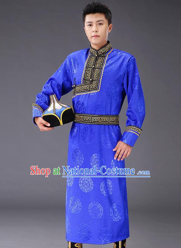 Chinese Traditional Mongol Minority Men Royalblue Mongolian Robe Costume Ethnic Stage Performance Garment