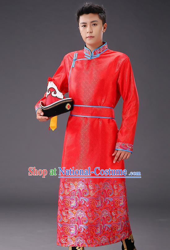 Chinese Traditional Mongol Minority Men Costume Ethnic Stage Performance Garment Red Brocade Mongolian Robe