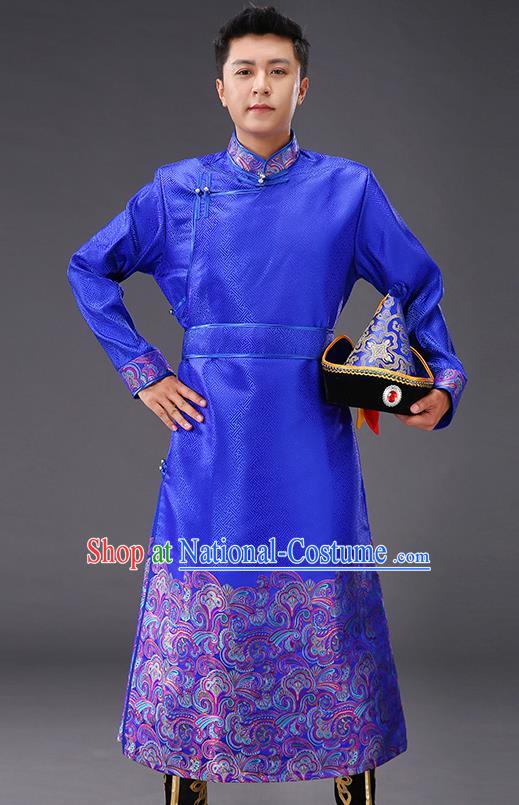 Chinese Traditional Mongol Minority Men Costume Ethnic Stage Performance Garment Royalblue Brocade Mongolian Robe