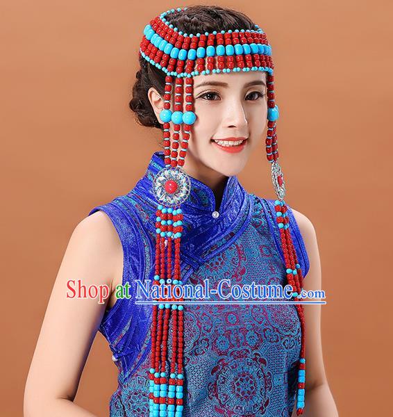 Traditional Chinese Mongol Minority Beads Long Tassel Headband Mongolian Ethnic Women Dance Hair Clasp Hair Accessories