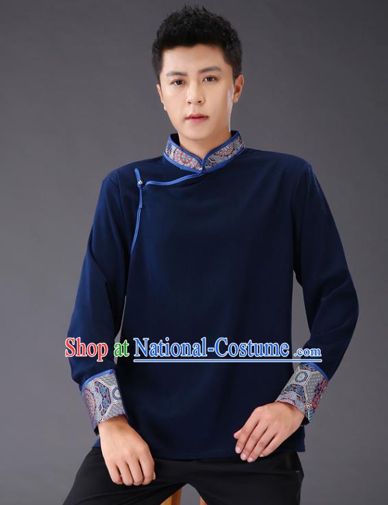 Chinese Traditional Mongol Minority Costume Ethnic Men Shirt Garment Mongolian Navy Jacket