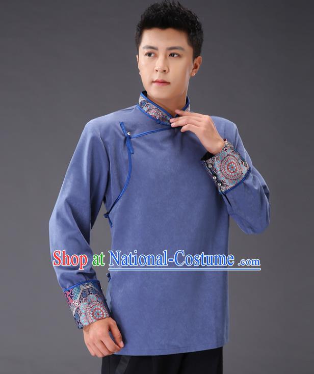 Chinese Traditional Mongol Minority Costume Ethnic Men Shirt Garment Mongolian Blue Jacket