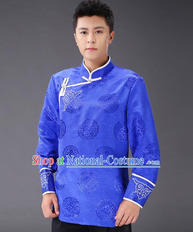 Chinese Traditional Mongol Minority Costume Ethnic Men Shirt Garment Mongolian Royalblue Jacket