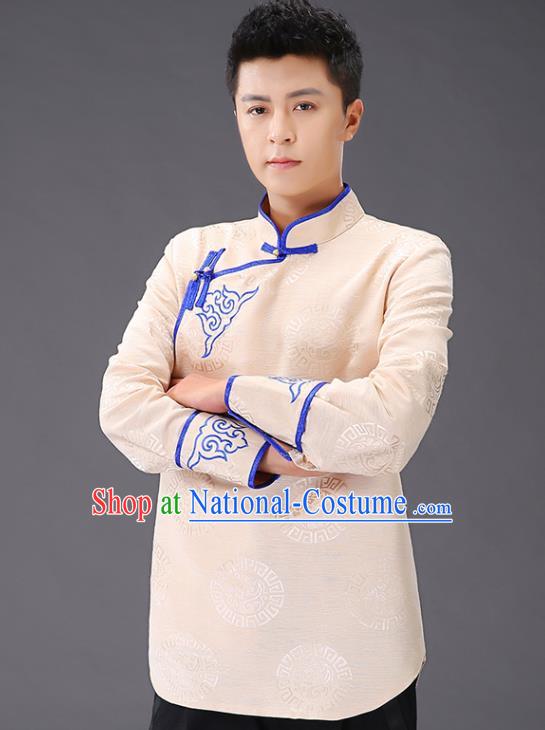 Chinese Traditional Mongol Minority Costume Ethnic Men Shirt Garment Mongolian Beige Jacket