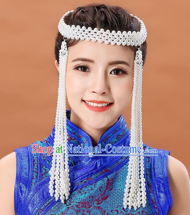 Traditional Chinese Mongol Minority White Beads Long Tassel Headband Mongolian Hair Accessories Ethnic Dance Hair Clasp for Women