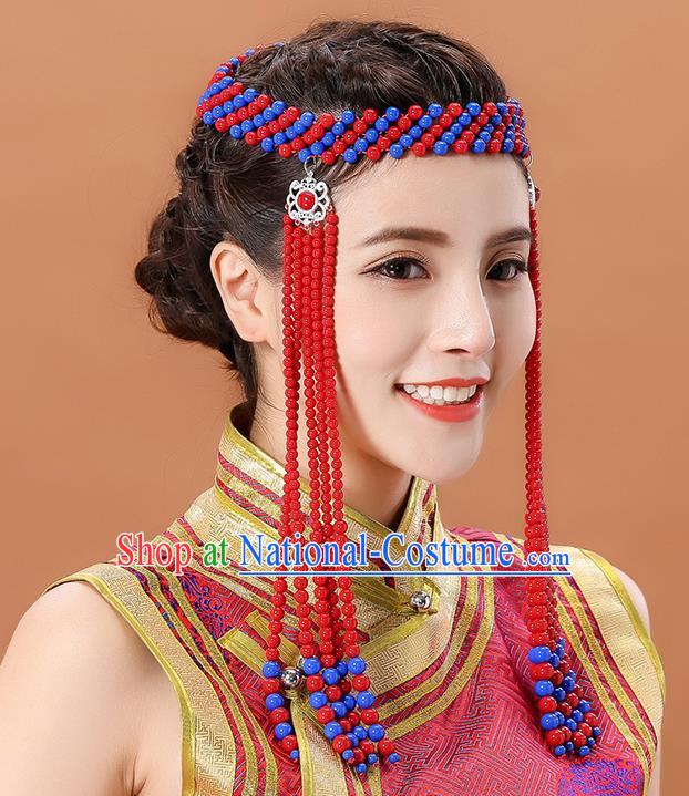 Traditional Chinese Mongol Minority Red Beads Headband Mongolian Hair Accessories Ethnic Dance Long Tassel Hair Clasp for Women