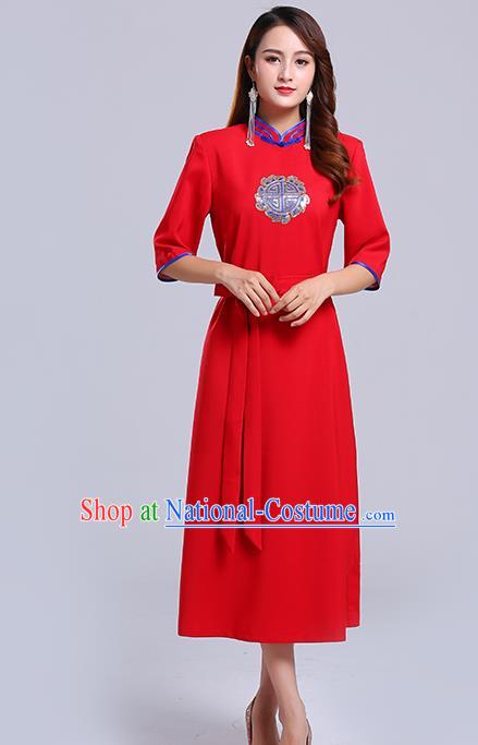 Traditional Chinese Ethnic Women Red Informal Dress Mongol Minority Garment Mongolian Nationality Apparels Costume