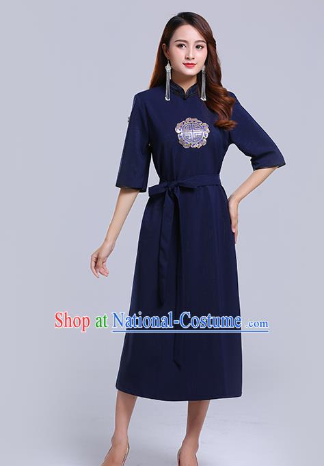 Traditional Chinese Ethnic Women Navy Informal Dress Mongol Minority Garment Mongolian Nationality Apparels Costume