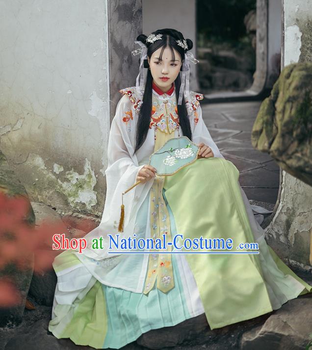 Chinese Traditional Ancient Ming Dynasty Noble Lady Garment Hanfu Costumes Embroidered Cloud Shoulder Blouse and Skirt Full Set