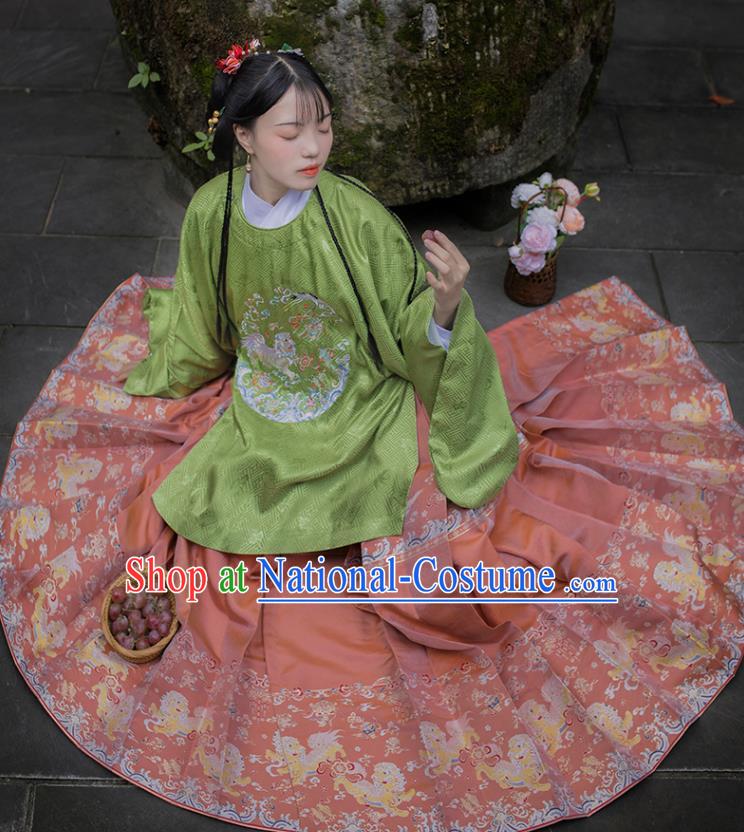 Chinese Traditional Ancient Princess Garment Hanfu Costumes Ming Dynasty Embroidered Green Blouse and Pink Skirt Full Set