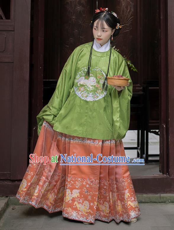 Chinese Traditional Ancient Princess Garment Hanfu Costumes Ming Dynasty Embroidered Green Blouse and Pink Skirt Full Set