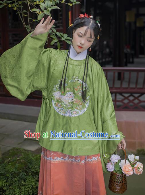 Chinese Traditional Ancient Princess Garment Hanfu Costumes Ming Dynasty Embroidered Green Blouse and Pink Skirt Full Set