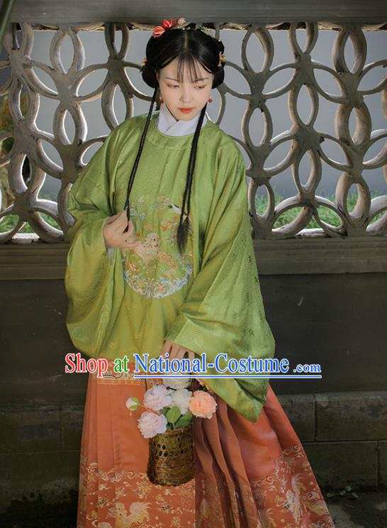 Chinese Traditional Ancient Princess Garment Hanfu Costumes Ming Dynasty Embroidered Green Blouse and Pink Skirt Full Set