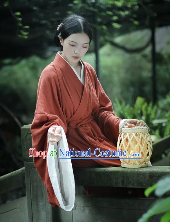 Chinese Traditional Ancient Palace Woman Garment Jin Dynasty Imperial Consort Red Flax Dress Hanfu Costumes