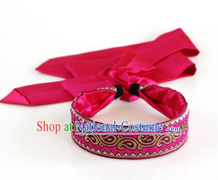 Traditional Chinese Ethnic Rosy Silk Ribbon Hair Clasp Mongol Minority Headband Mongolian Dance Hair Accessories