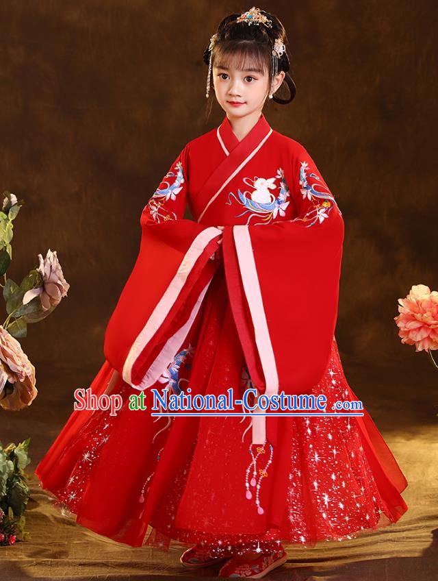 Chinese Traditional Hanfu Red Blouse and Skirt Ancient Jin Dynasty Girl Costumes Apparels for Kids