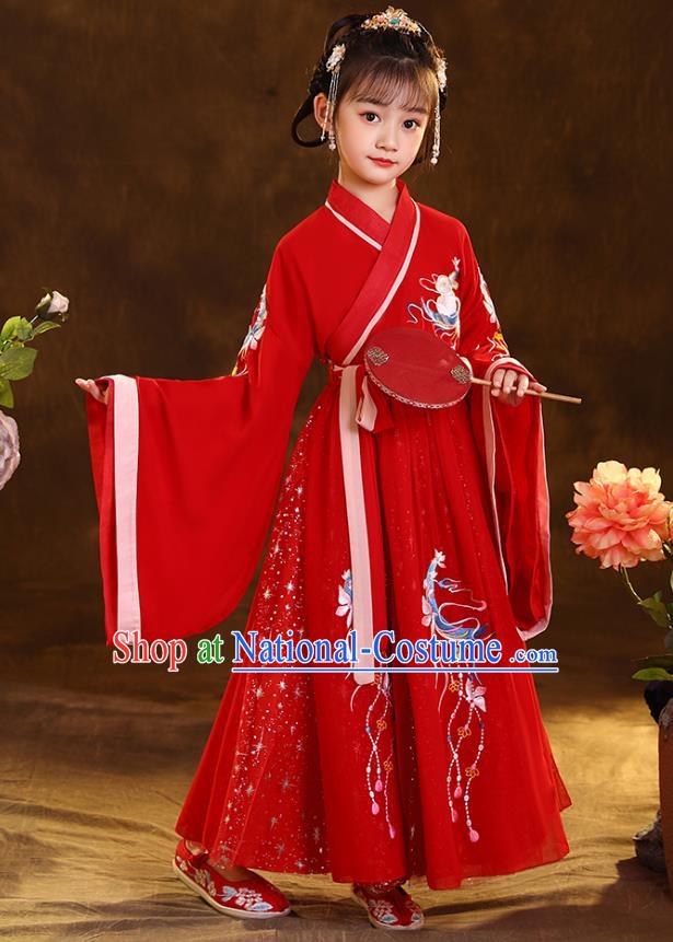 Chinese Traditional Hanfu Red Blouse and Skirt Ancient Jin Dynasty Girl Costumes Apparels for Kids