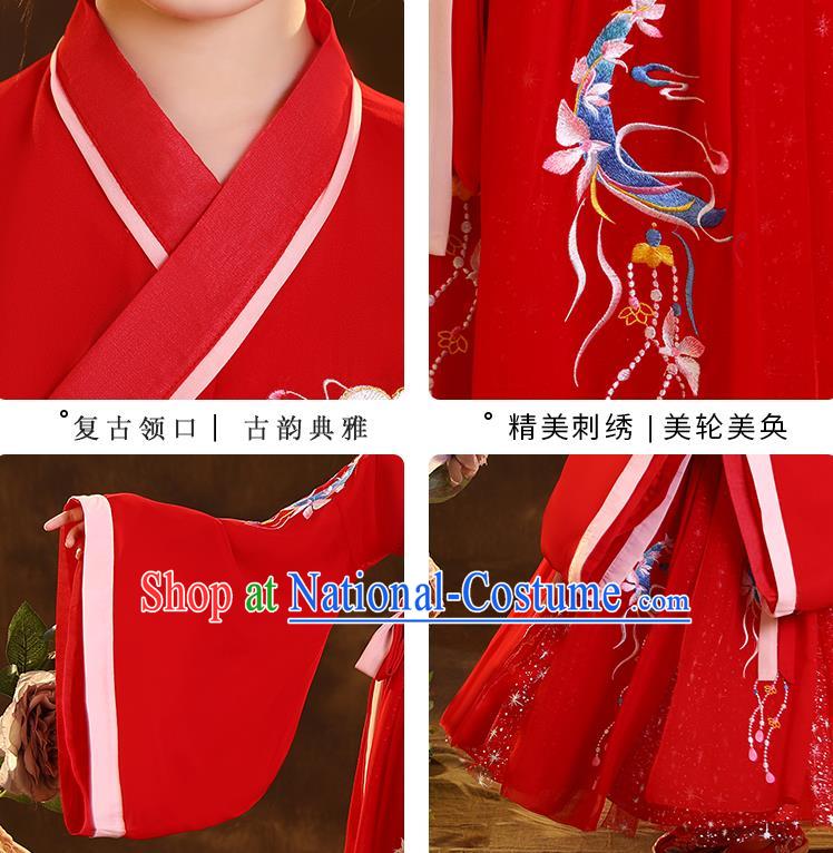 Chinese Traditional Hanfu Red Blouse and Skirt Ancient Jin Dynasty Girl Costumes Apparels for Kids