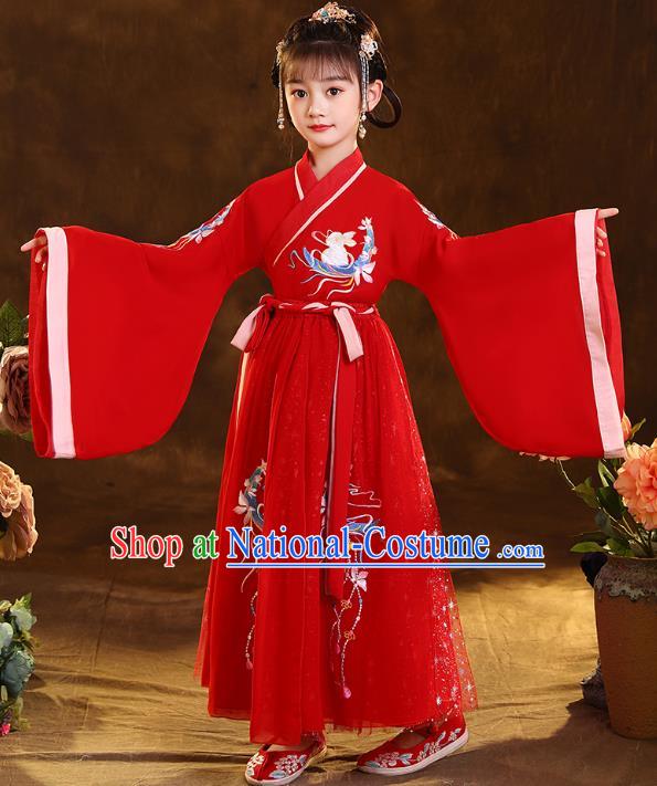 Chinese Traditional Hanfu Red Blouse and Skirt Ancient Jin Dynasty Girl Costumes Apparels for Kids