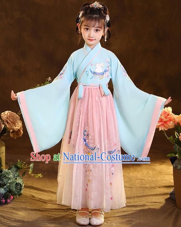 Chinese Traditional Hanfu Blue Blouse and Pink Skirt Ancient Jin Dynasty Girl Costumes Apparels for Kids