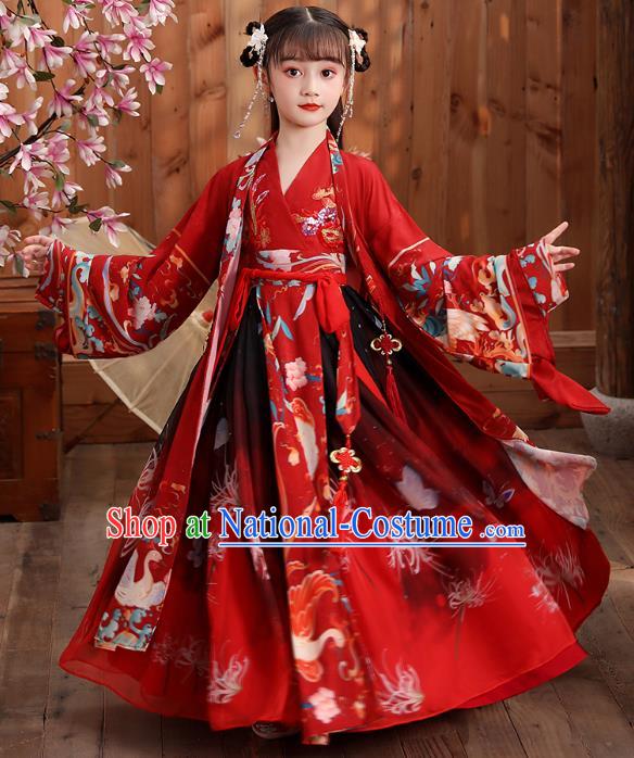 Chinese Traditional Royal Princess Hanfu Red Blouse and Skirt Ancient Han Dynasty Girl Costumes Apparels for Kids