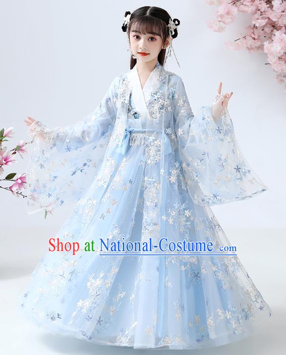 Chinese Traditional Royal Princess Blue Hanfu Dress Ancient Han Dynasty Girl Costumes Cloak Blouse and Skirt Apparels for Kids