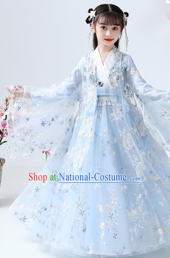 Chinese Traditional Royal Princess Blue Hanfu Dress Ancient Han Dynasty Girl Costumes Cloak Blouse and Skirt Apparels for Kids