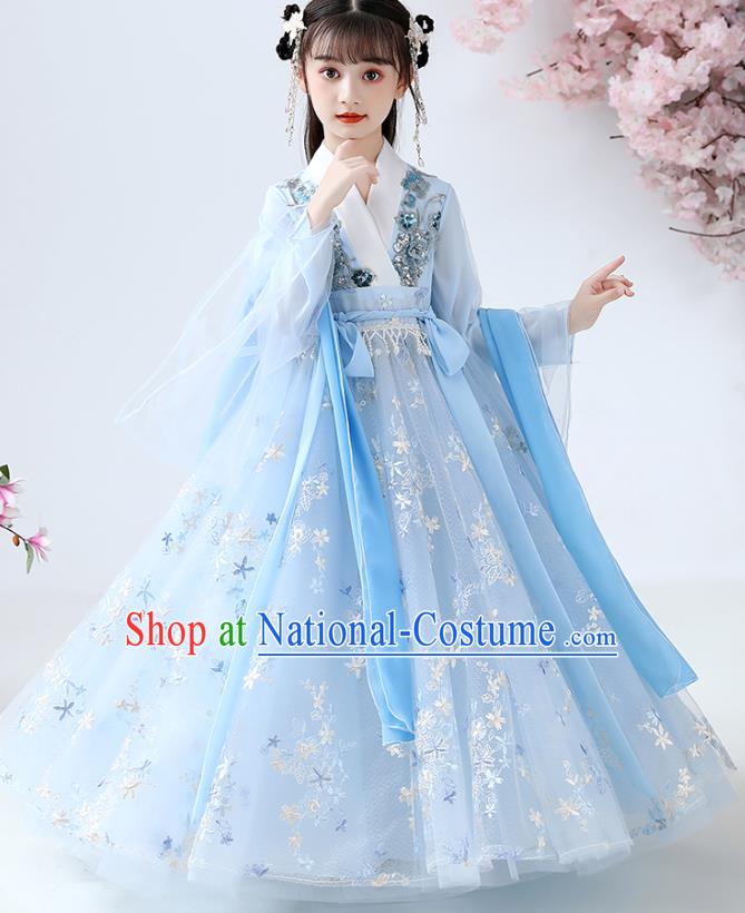 Chinese Traditional Royal Princess Blue Hanfu Dress Ancient Han Dynasty Girl Costumes Cloak Blouse and Skirt Apparels for Kids