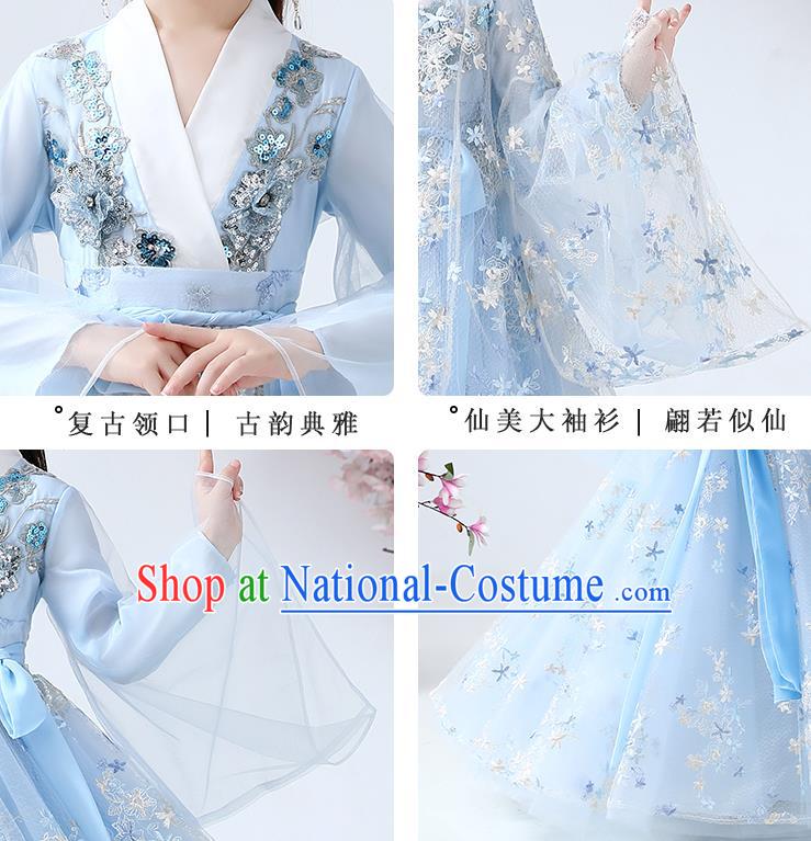 Chinese Traditional Royal Princess Blue Hanfu Dress Ancient Han Dynasty Girl Costumes Cloak Blouse and Skirt Apparels for Kids