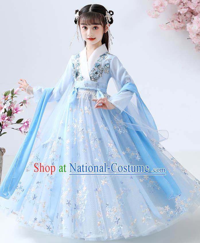 Chinese Traditional Royal Princess Blue Hanfu Dress Ancient Han Dynasty Girl Costumes Cloak Blouse and Skirt Apparels for Kids