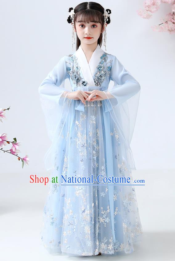 Chinese Traditional Royal Princess Blue Hanfu Dress Ancient Han Dynasty Girl Costumes Cloak Blouse and Skirt Apparels for Kids