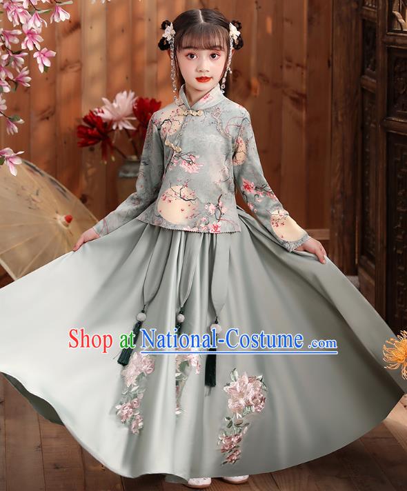 Chinese Traditional Tang Suit Hanfu Dress Ancient Girl Costumes Printing Blue Blouse and Skirt Apparels for Kids