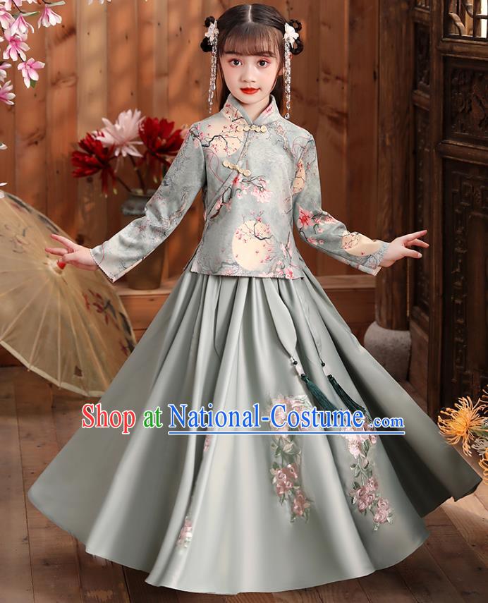 Chinese Traditional Tang Suit Hanfu Dress Ancient Girl Costumes Printing Blue Blouse and Skirt Apparels for Kids