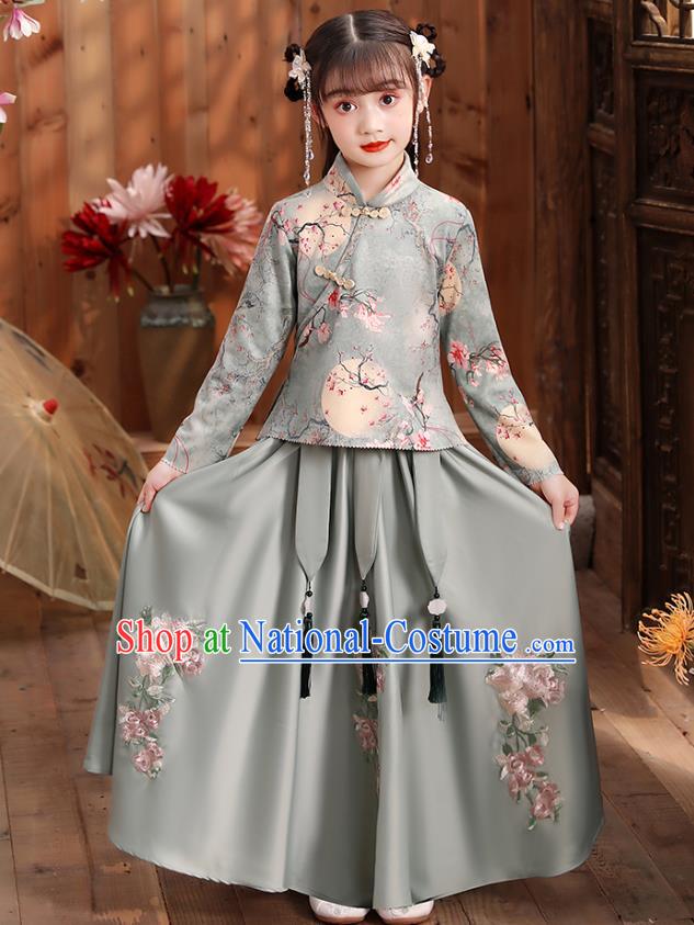 Chinese Traditional Tang Suit Hanfu Dress Ancient Girl Costumes Printing Blue Blouse and Skirt Apparels for Kids