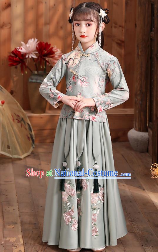 Chinese Traditional Tang Suit Hanfu Dress Ancient Girl Costumes Printing Blue Blouse and Skirt Apparels for Kids