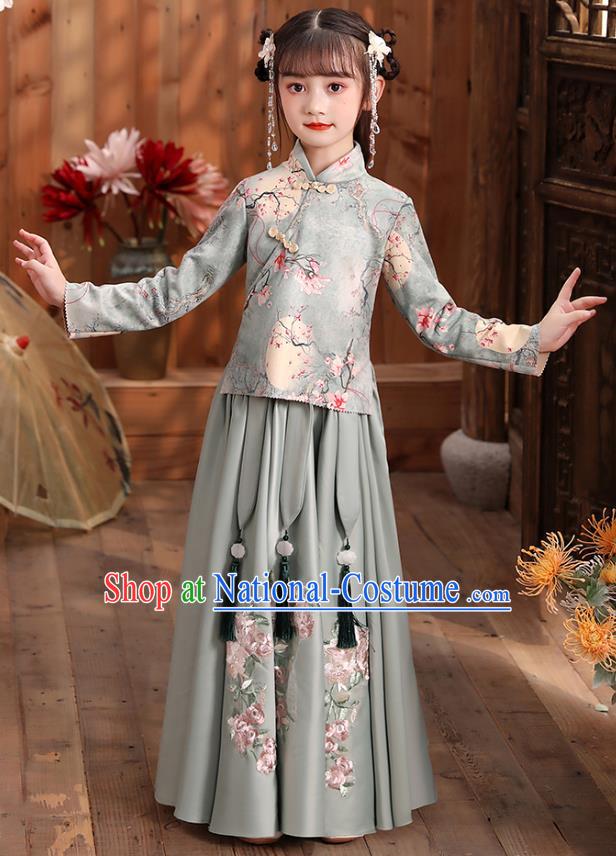 Chinese Traditional Tang Suit Hanfu Dress Ancient Girl Costumes Printing Blue Blouse and Skirt Apparels for Kids