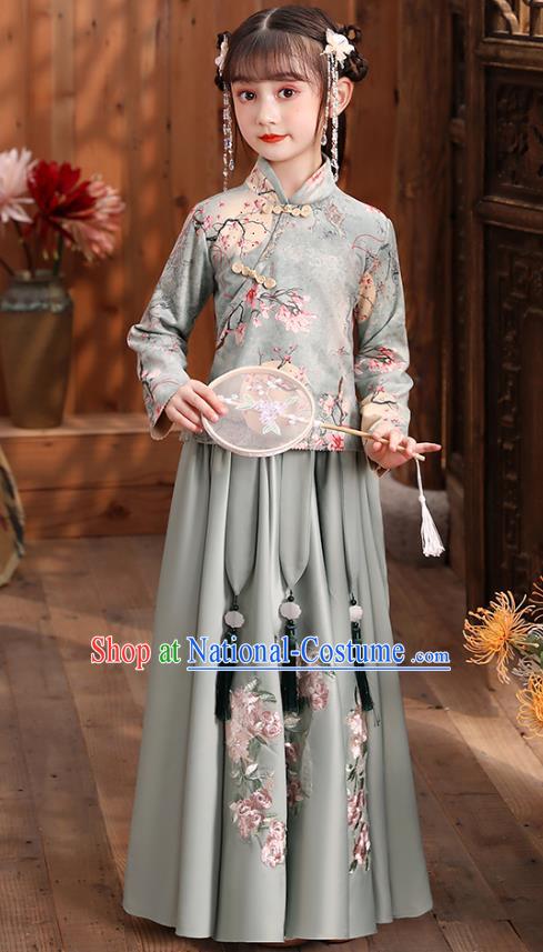 Chinese Traditional Tang Suit Hanfu Dress Ancient Girl Costumes Printing Blue Blouse and Skirt Apparels for Kids